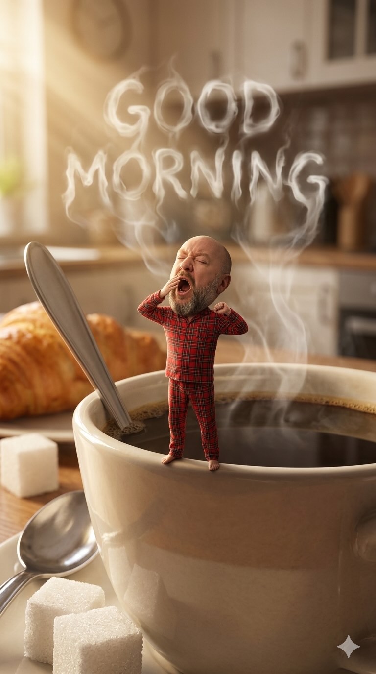 Tiny Sleepy Morning on a Giant Coffee Cup