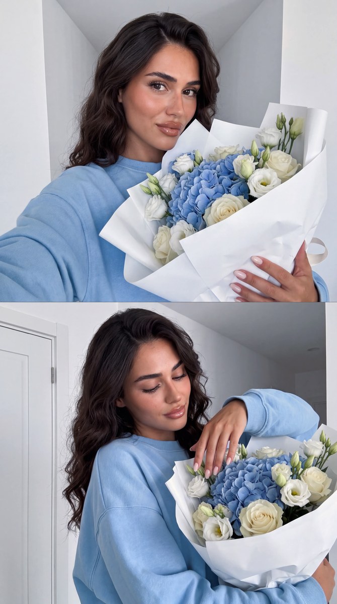 Two-Frame Blue Hydrangea Selfie Collage output 1