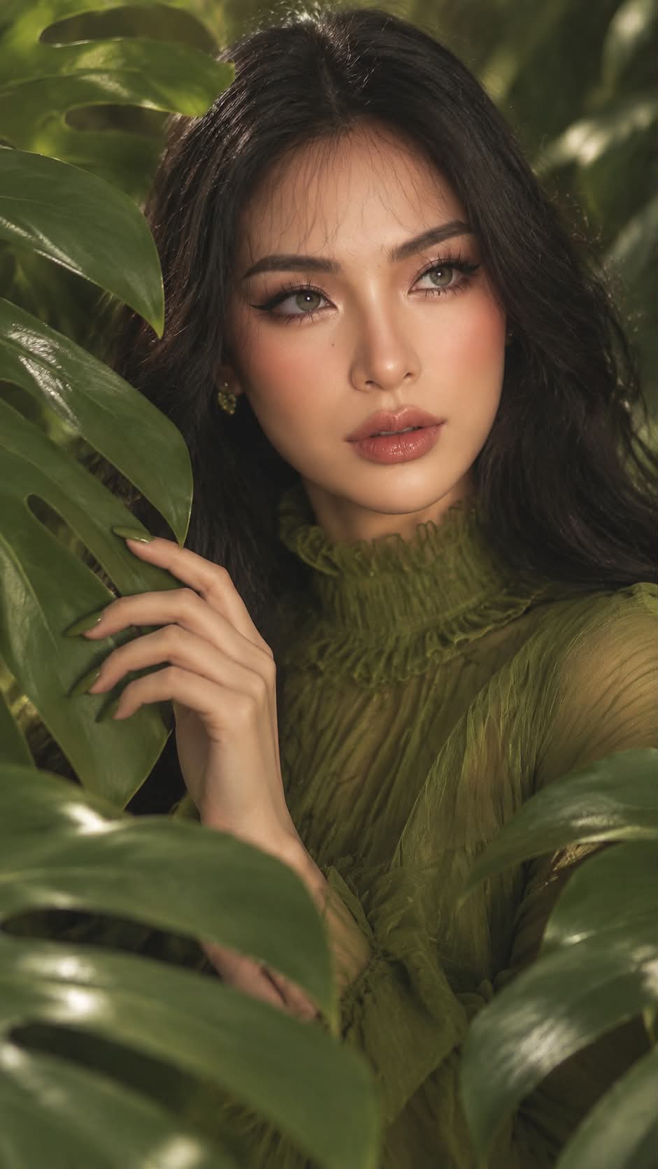 Moss-Green Editorial Portrait Among Tropical Leaves output 4