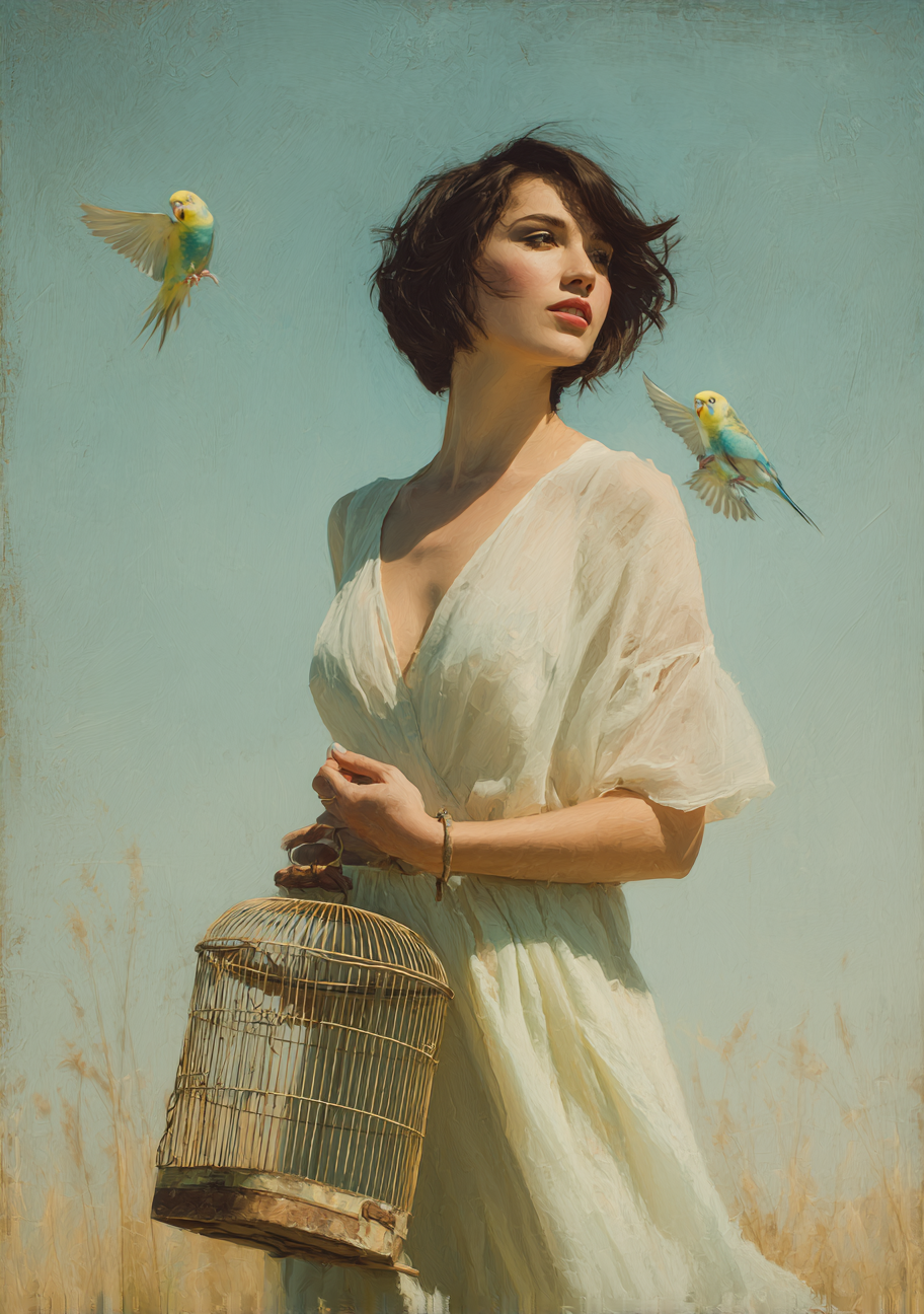 Full-Body Portrait of a Woman Releasing Budgerigars