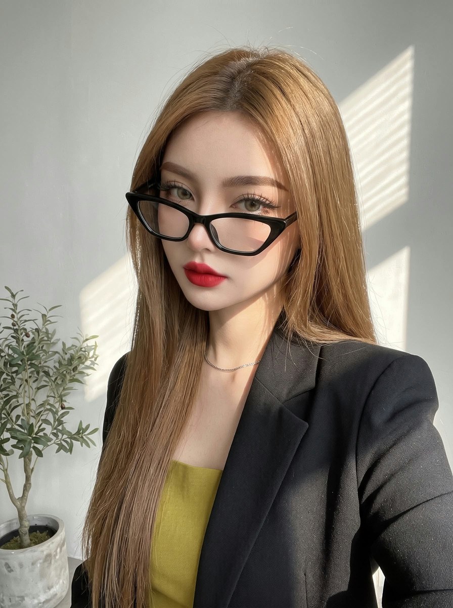 Bold Red Lip Portrait with Dramatic Window Shadows output 2