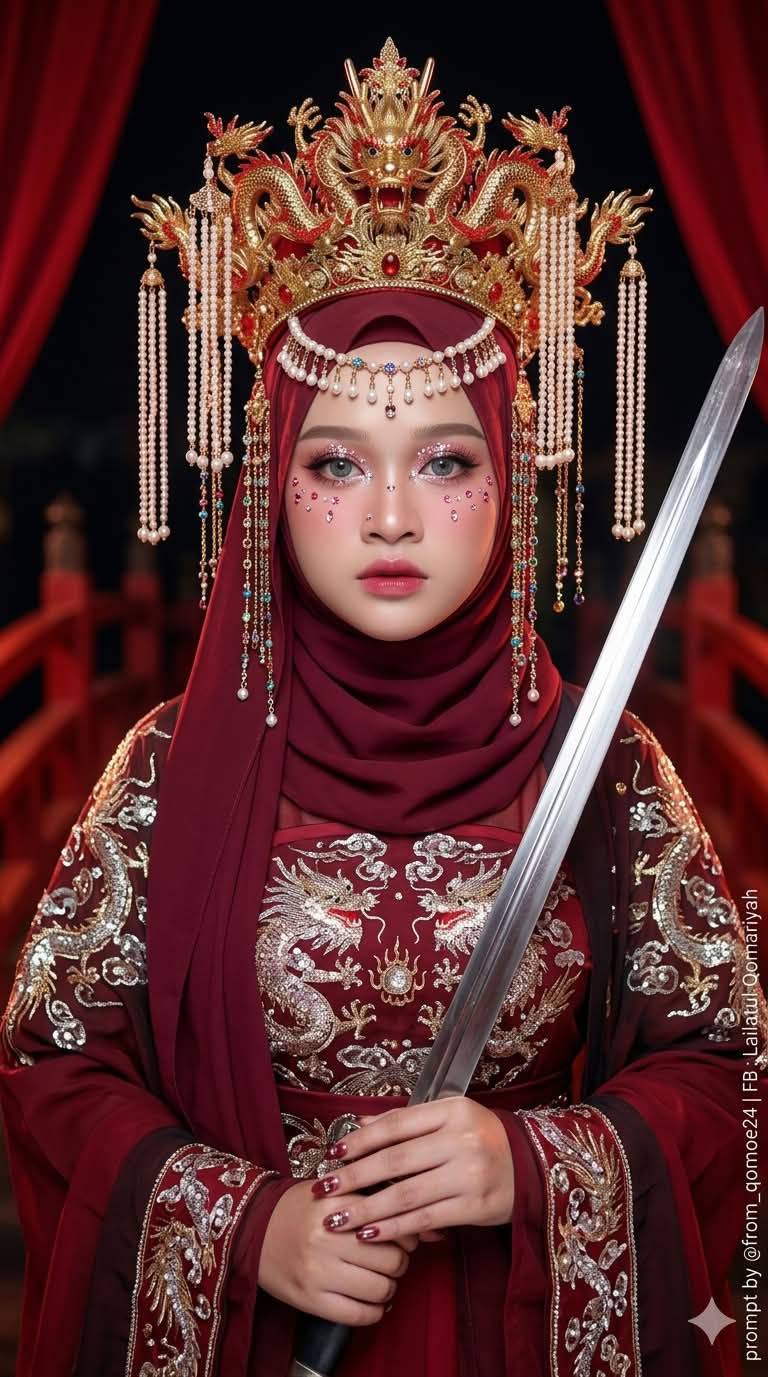 Photorealistic Burgundy Hanfu Portrait with Dragon Crown