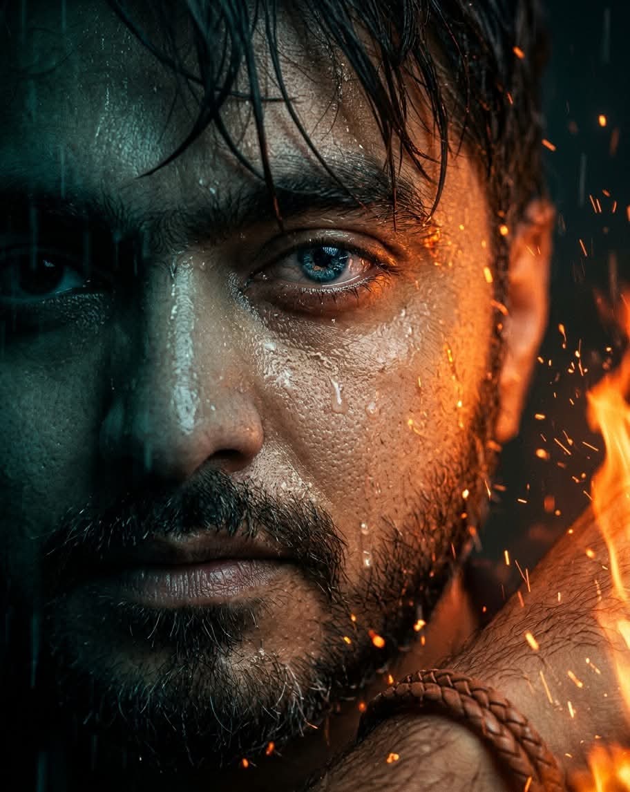 Rain and Fire Cinematic Close-Up Portrait output 1