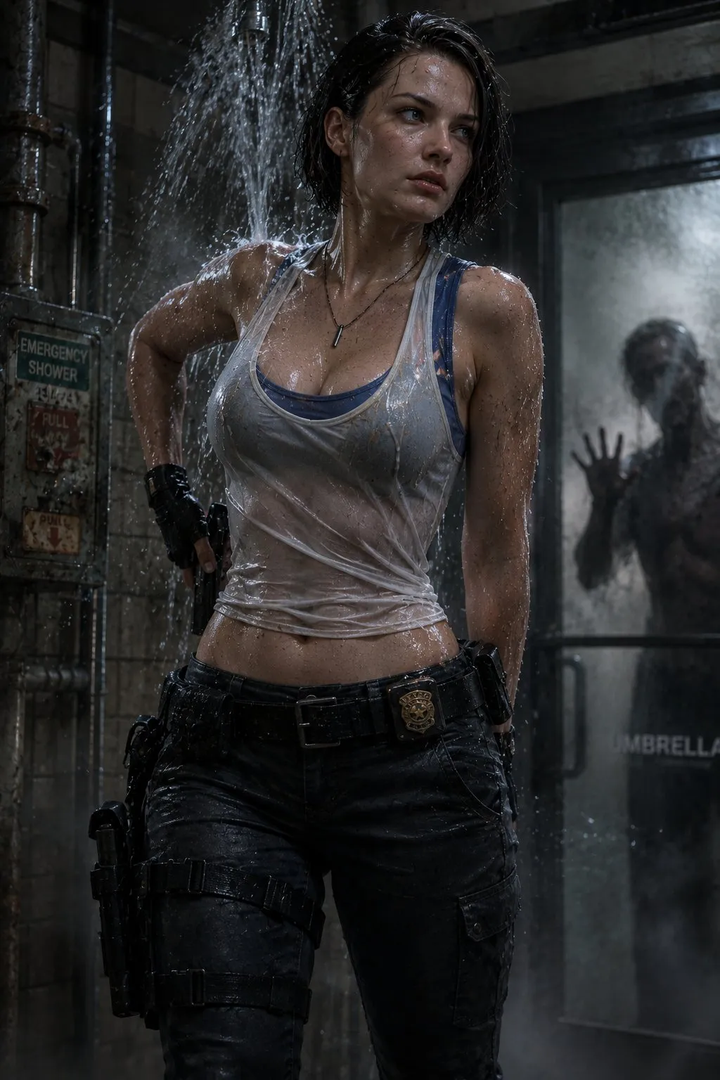 Cinematic Survival-Horror Emergency Shower Portrait
