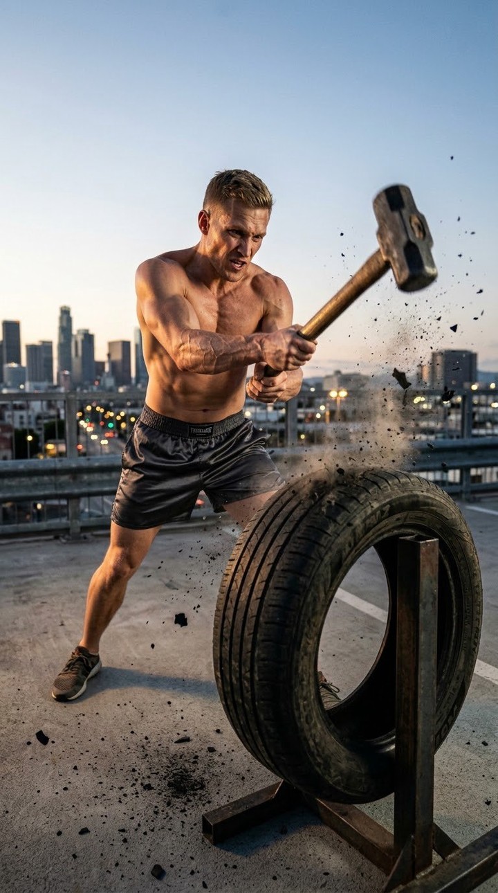 Cinematic Rooftop Sledgehammer Training Portrait output 1