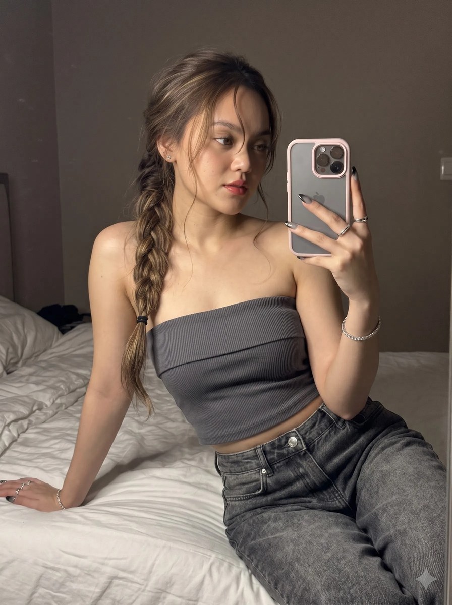 Nighttime Flash Mirror Selfie with a Loose Side Braid output 3