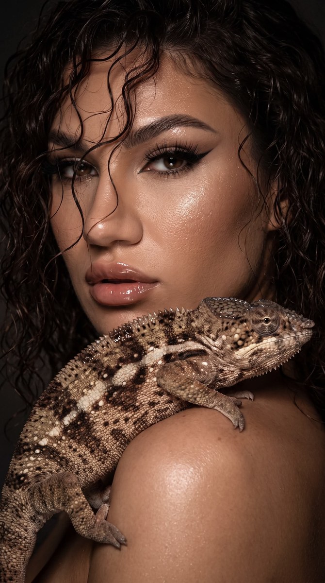 Dark Glamour Portrait with a Chameleon