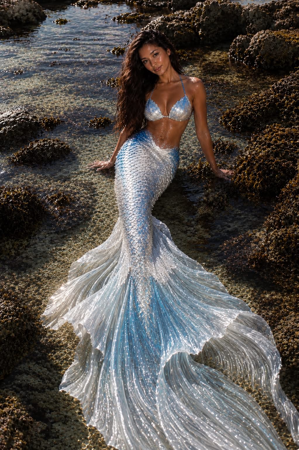 Photorealistic Pearlescent Mermaid in a Tidal Pool