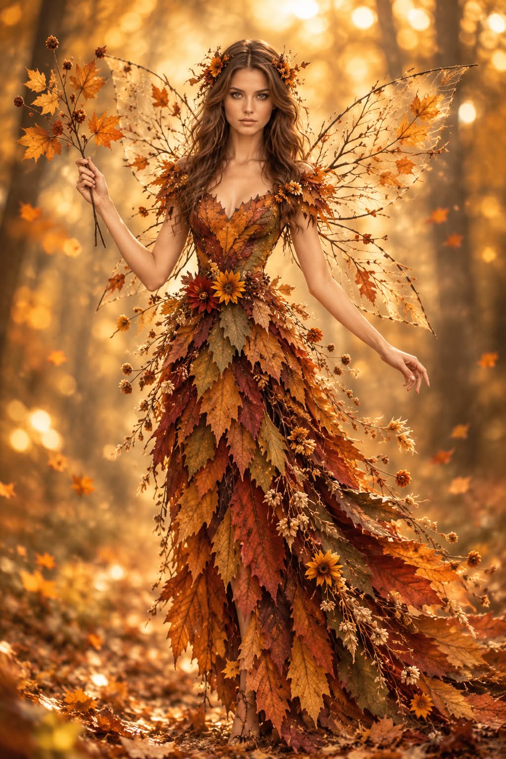 Autumn Fairy Portrait with Botanical Gown and Ink Details