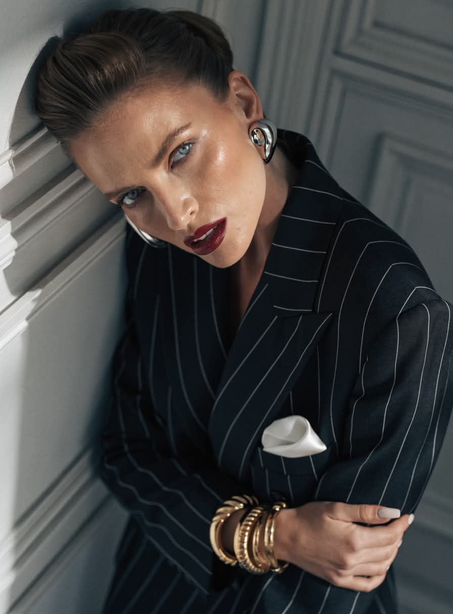 Luxury Pinstripe Fashion Editorial Portrait output 1