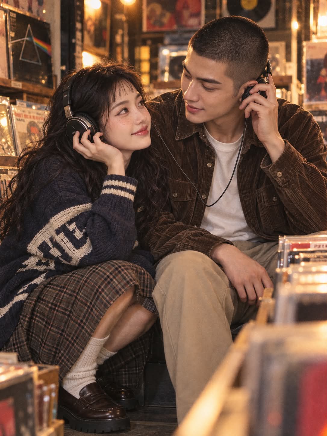 Couple Sharing Headphones in a Vinyl Record Store