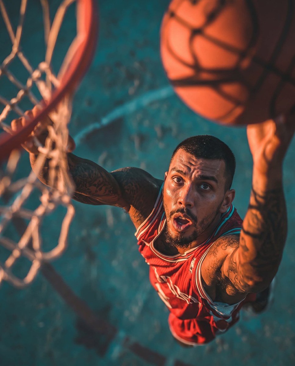 Low-Angle Basketball Dunk Action Photo output 1