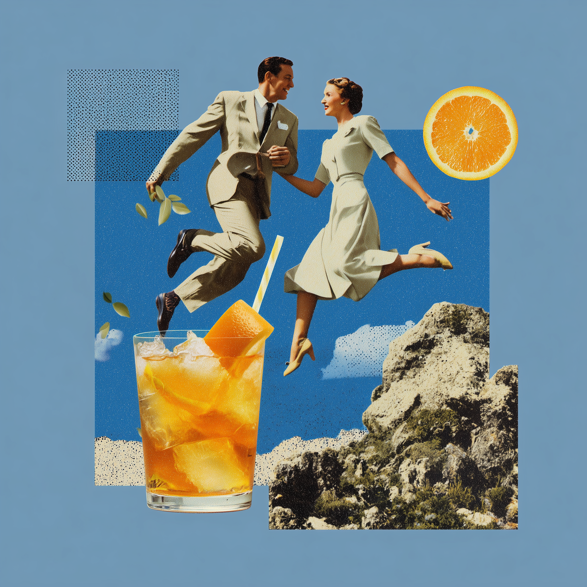 Retro-Modern Collage of a Couple Jumping Above an Orange Cocktail