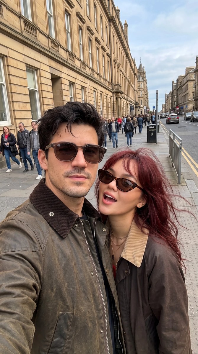 Windswept Couple Selfie in Historic Edinburgh