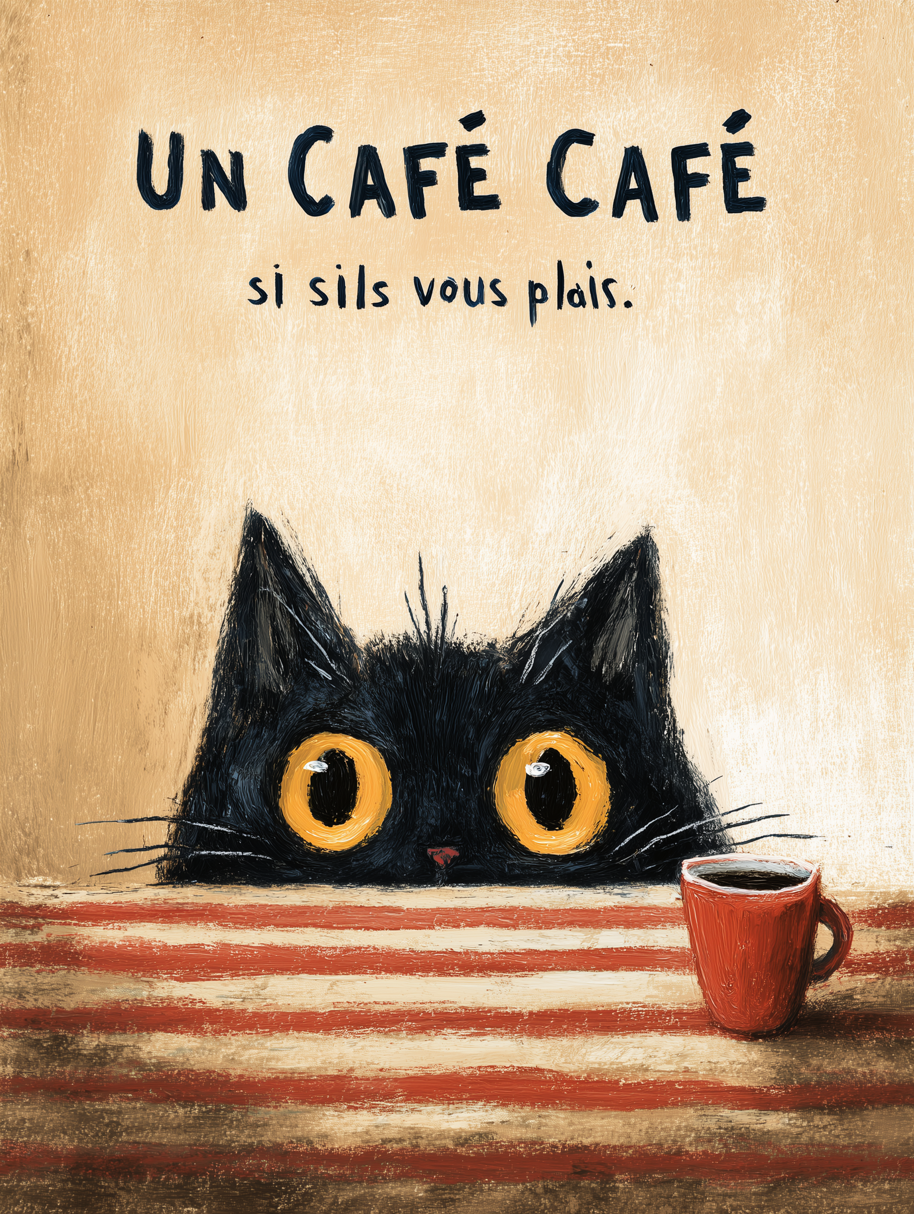Hand-Painted Black Cat and French Café Poster