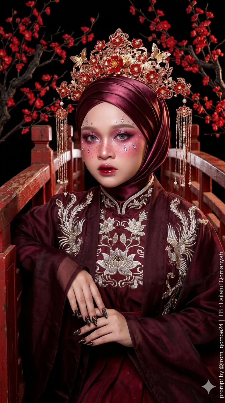 Cinematic Hanfu Portrait with Burgundy Hijab