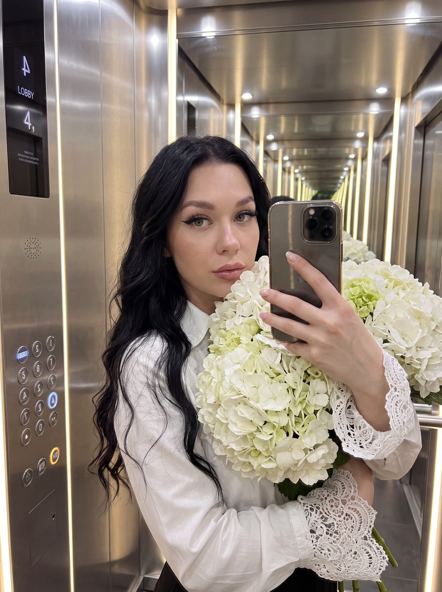 Elevator Mirror Selfie with White Hydrangeas output 1