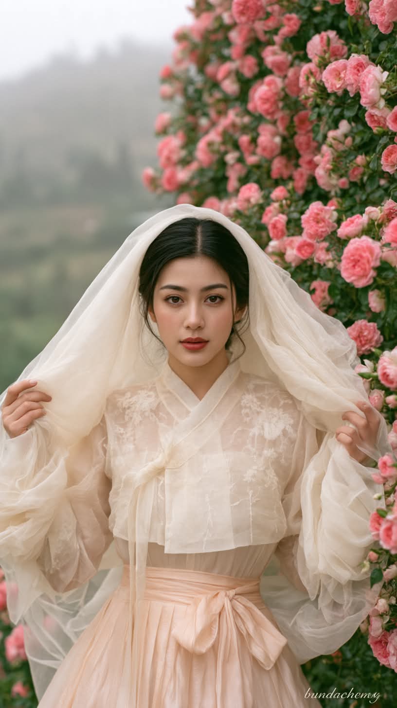 Cinematic Hanbok Portrait Among Pink Roses output 2