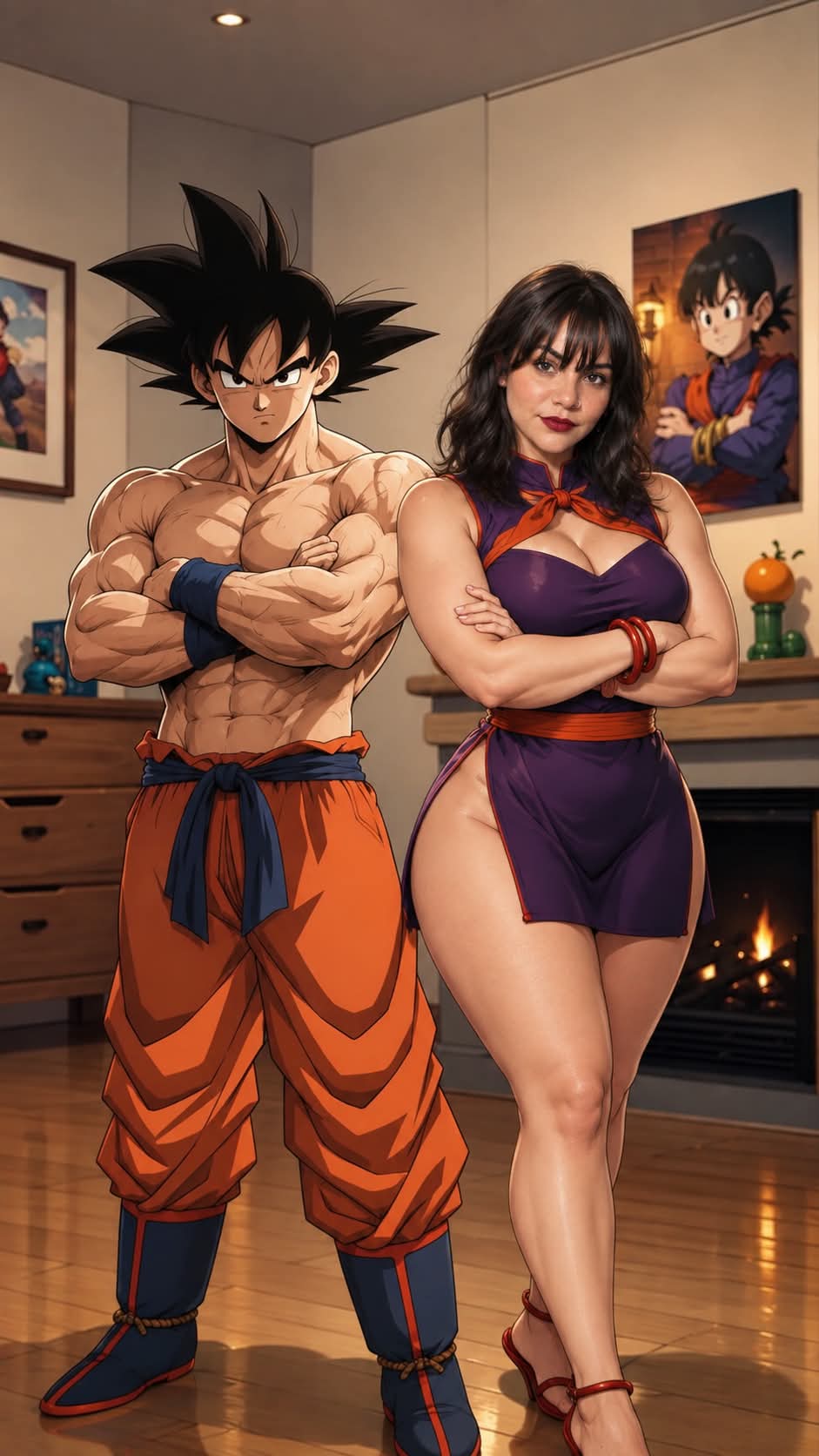 Goku and Me: Hyperrealistic Fireplace Cosplay Portrait output 3