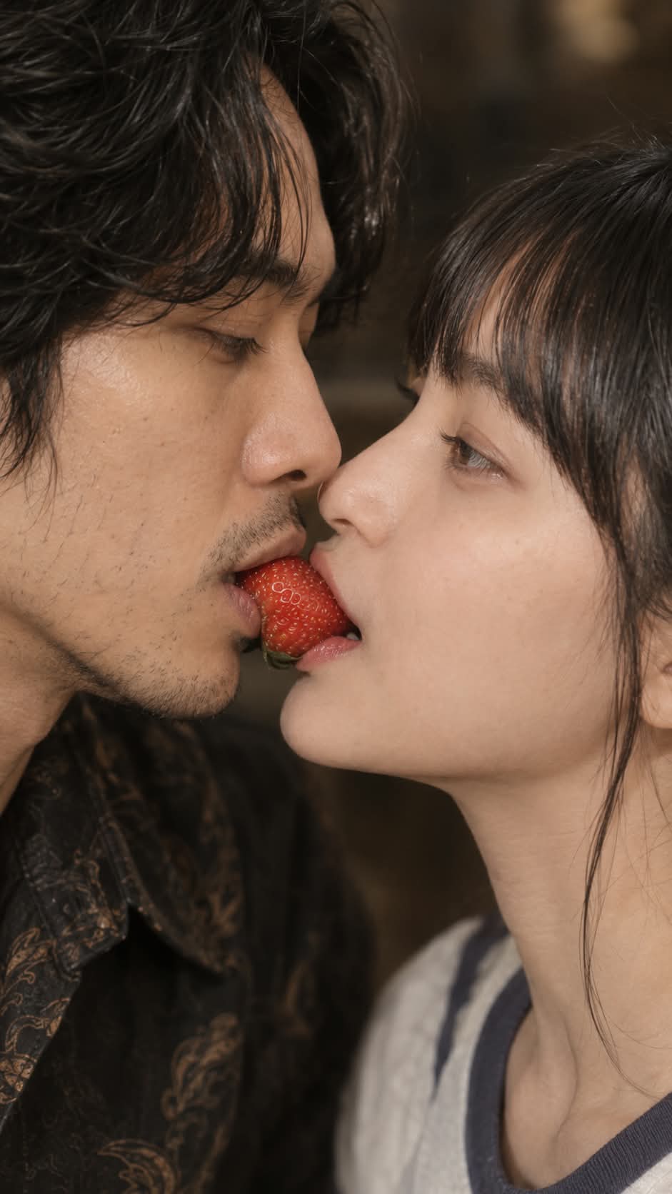 Photorealistic Cinematic Strawberry Kiss Portrait