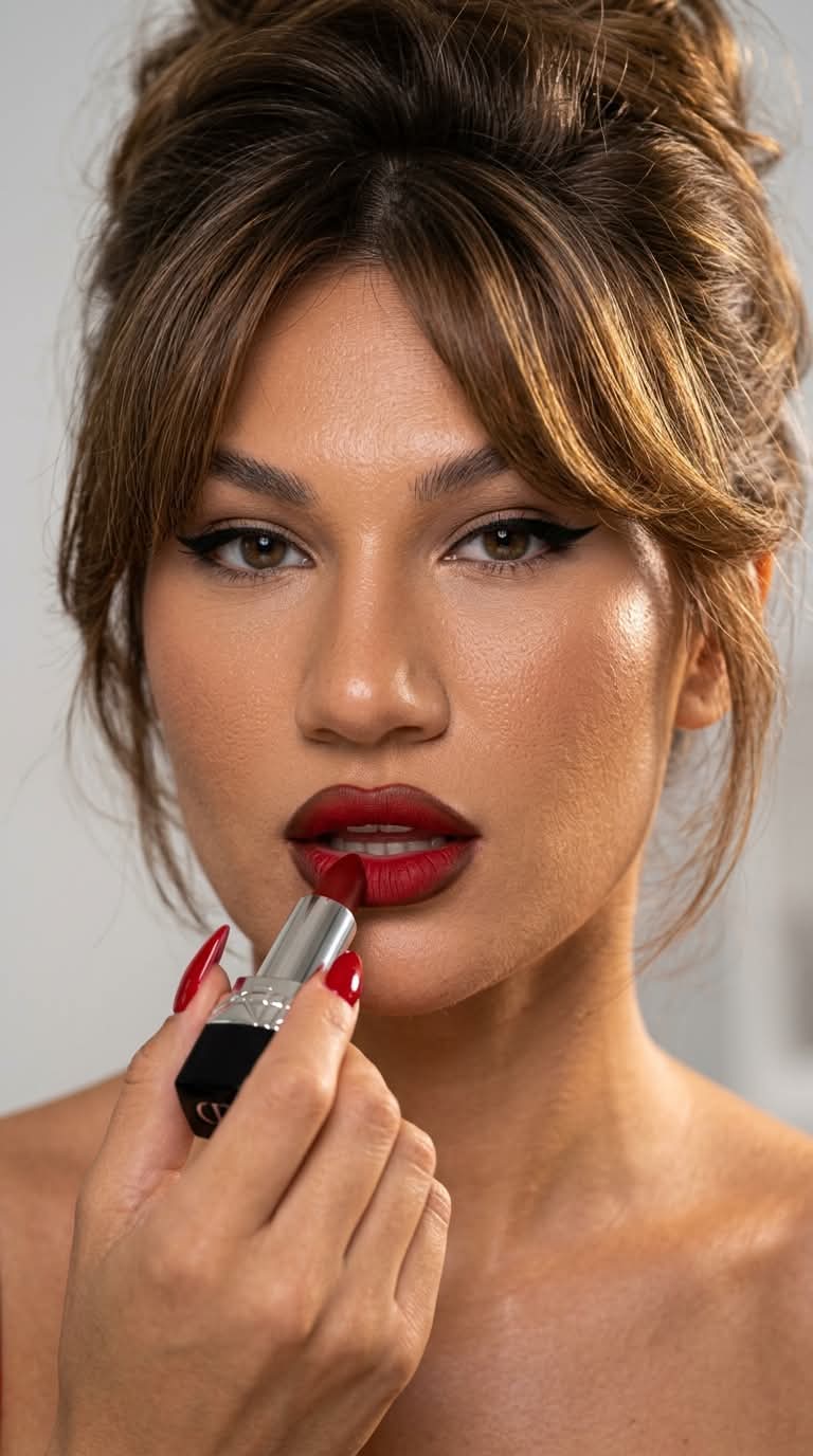 Photorealistic Close-Up of a Woman Applying Red Lipstick output 5