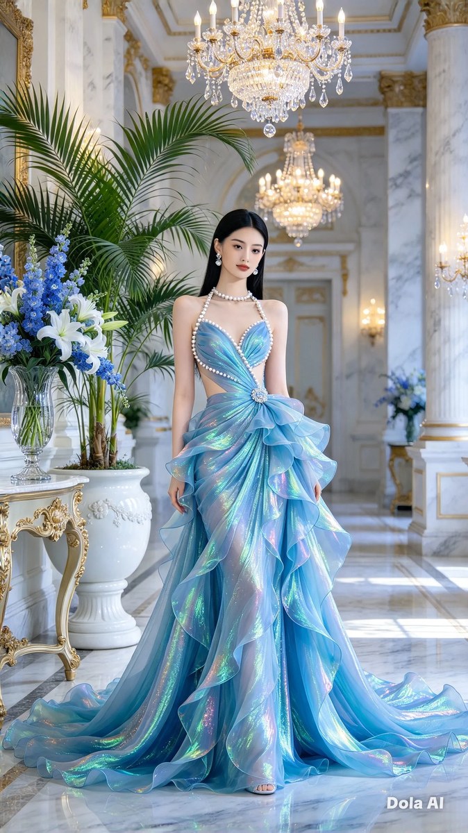 Ocean-Blue Gown in a Grand Hall output 2