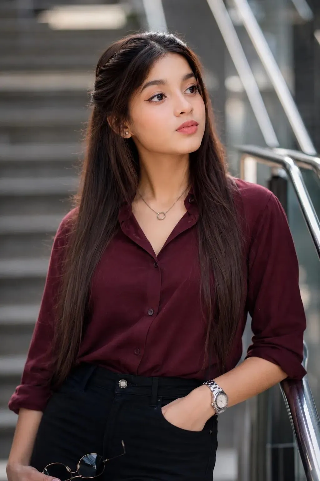 Cinematic Portrait on a Silver Staircase output 1