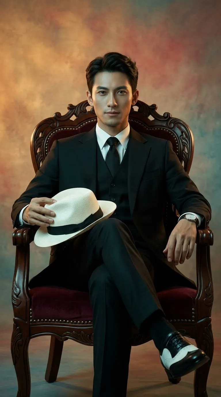 Cinematic Portrait of a Man in a Black Three-Piece Suit
