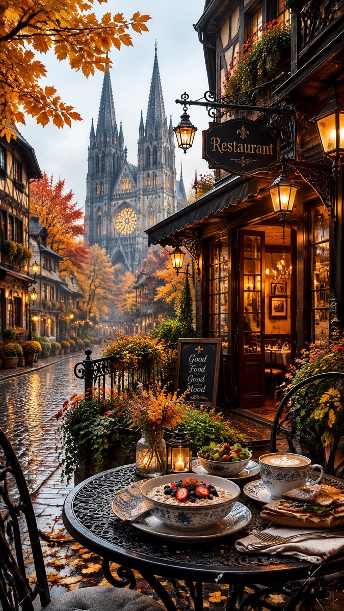 Dreamy European Autumn Street Digital Painting