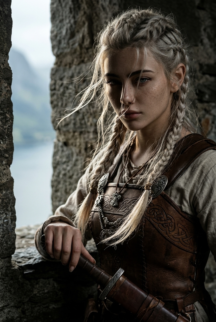 Photorealistic Nordic Shieldmaiden Editorial Portrait