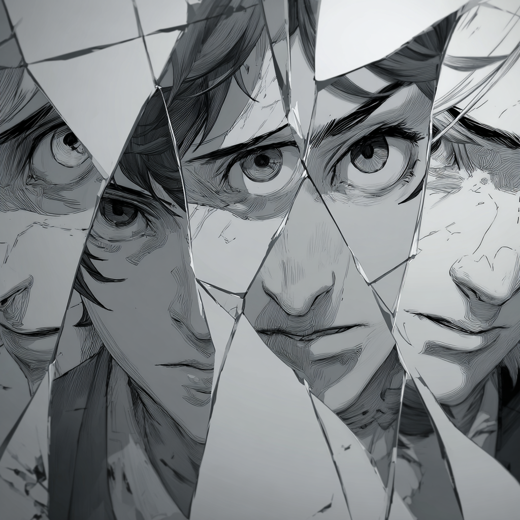 Persona 5–Style Illustration of Differing Faces in Sculpted and Broken Mirrors
