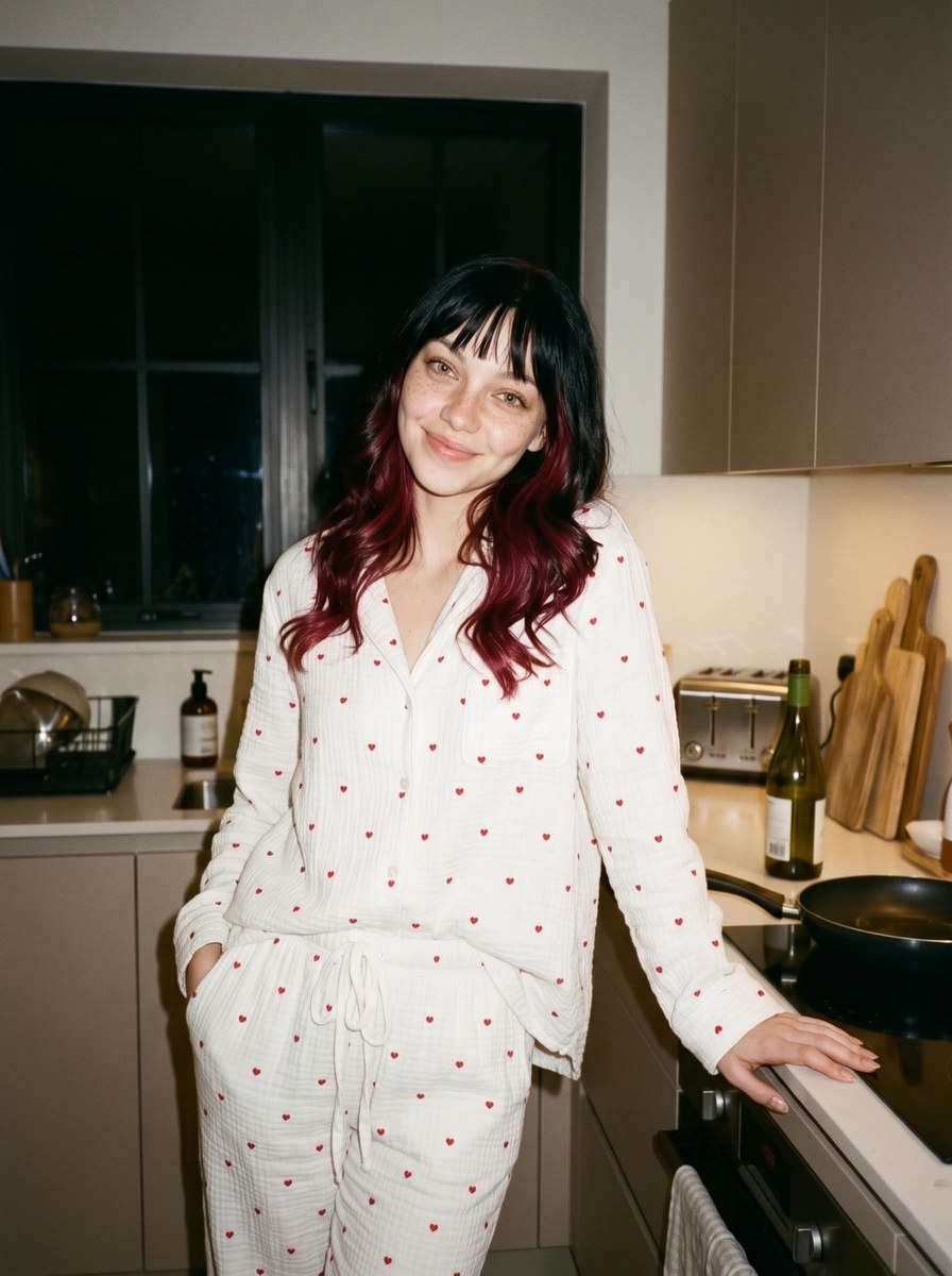 Vintage Kitchen Portrait with Wine and Heart-Print Pajamas output 6