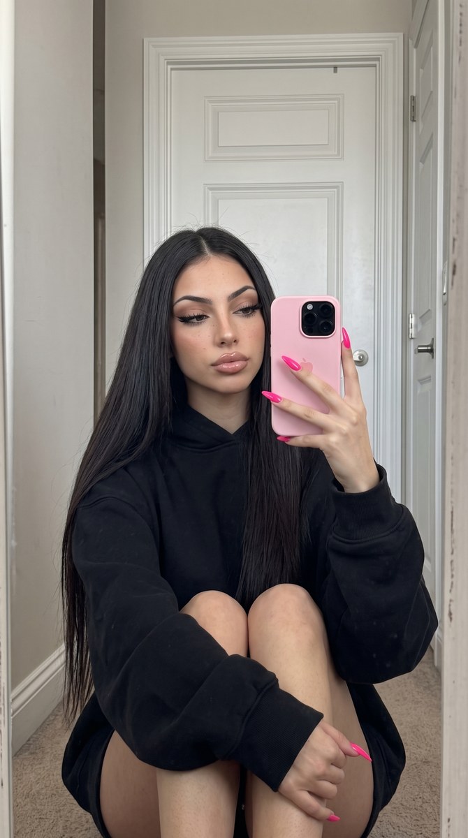 Sleek-Haired Glam Mirror Selfie output 1