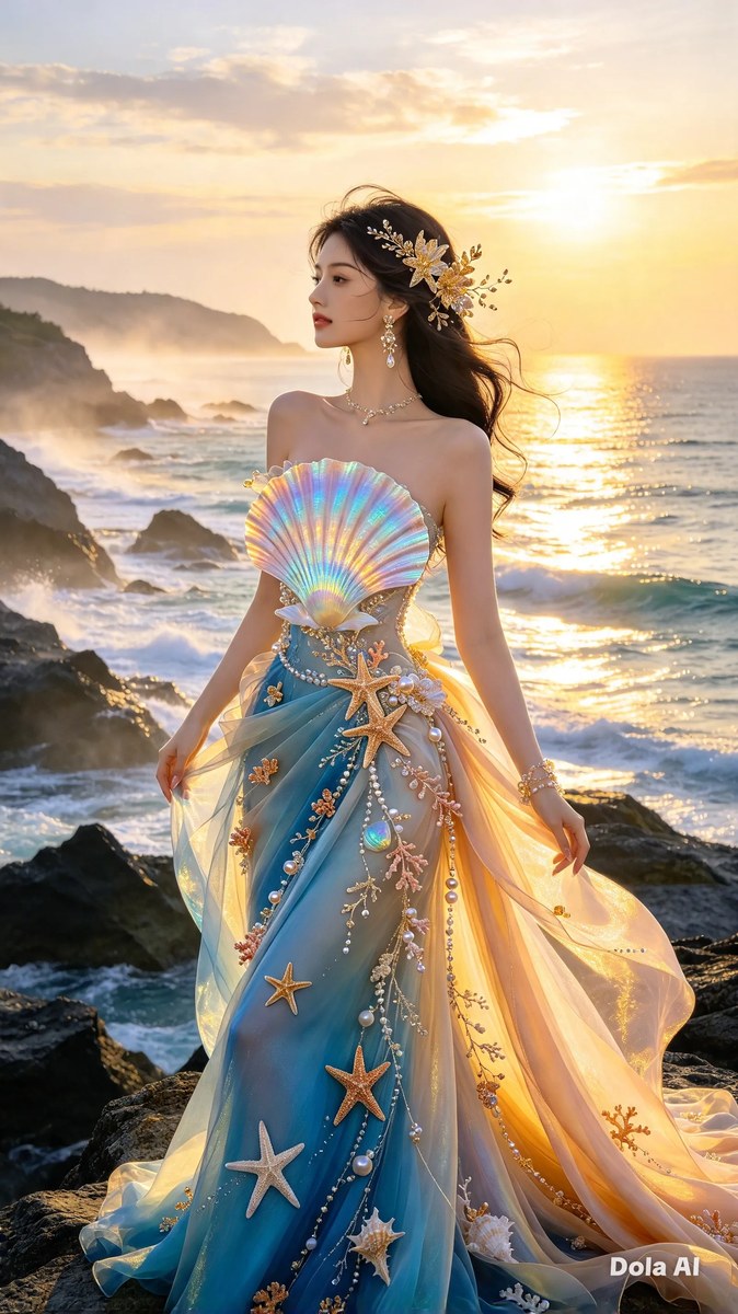 Iridescent Seashell Gown at Sunrise