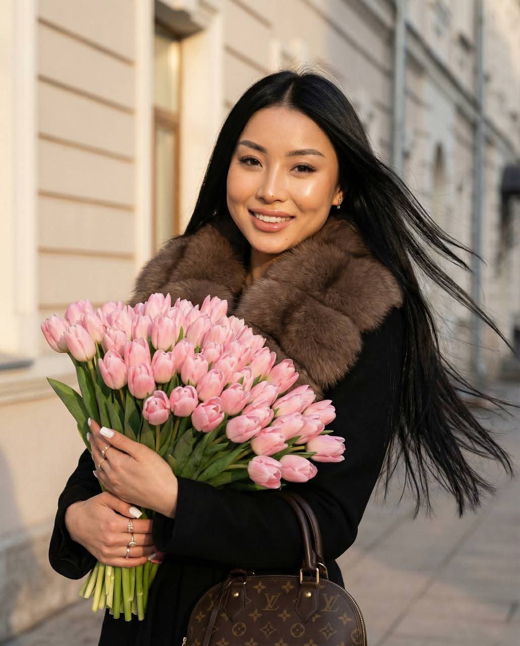 Ultra-Realistic Spring Portrait with Pink Tulips