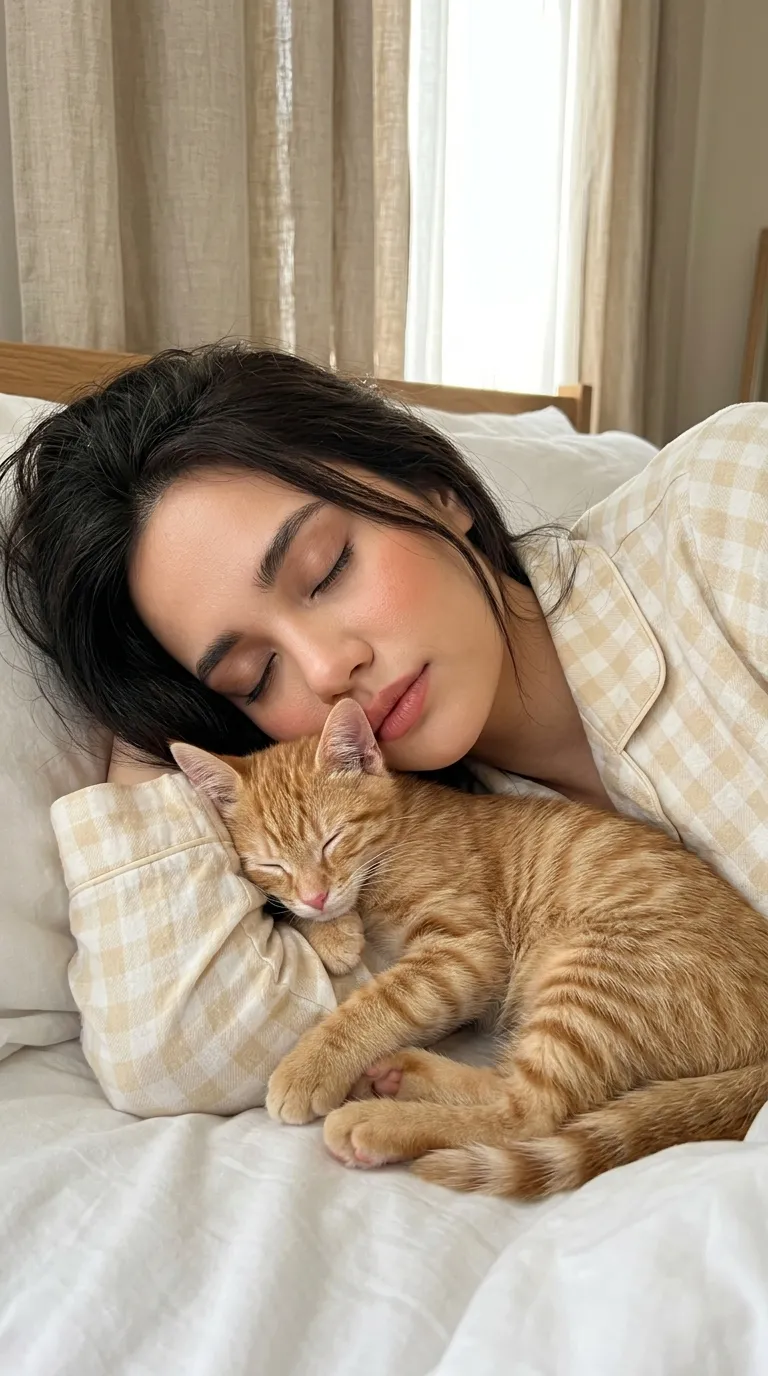 Candid Bedroom Photo with a Sleeping Kitten