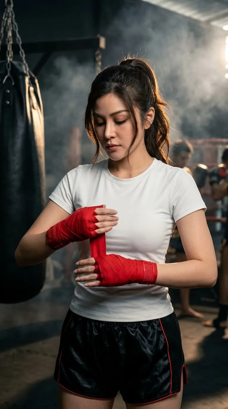 Cinematic Muay Thai Fighter Wrapping Her Hands output 1