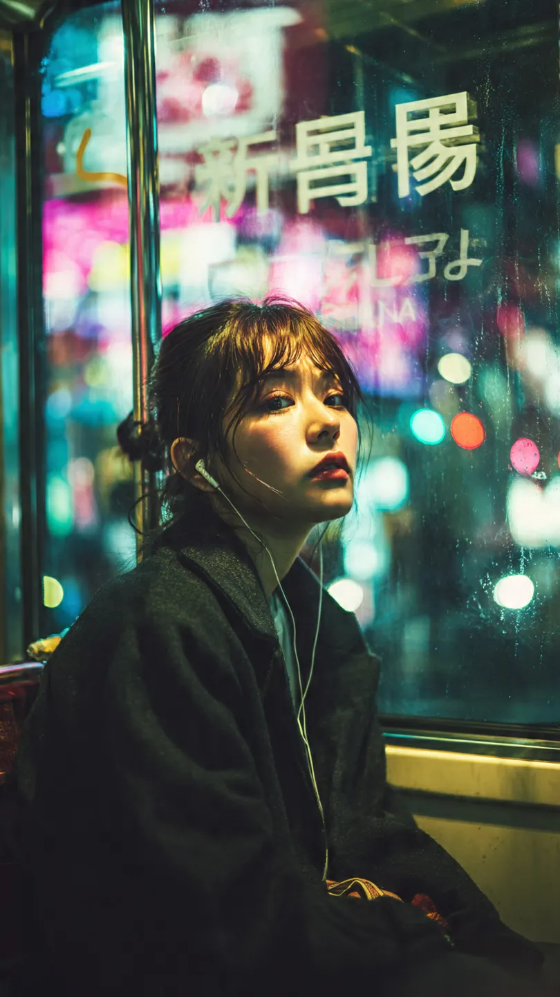 Cinematic Tokyo Night Train Portrait output 1