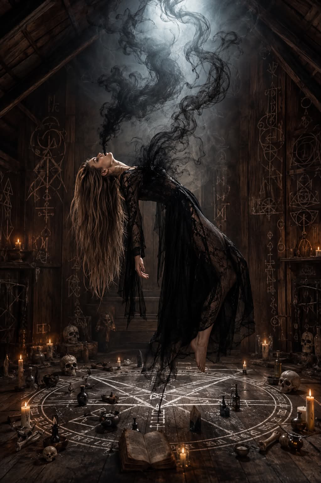 Levitating Gothic Witch in a Haunted Attic