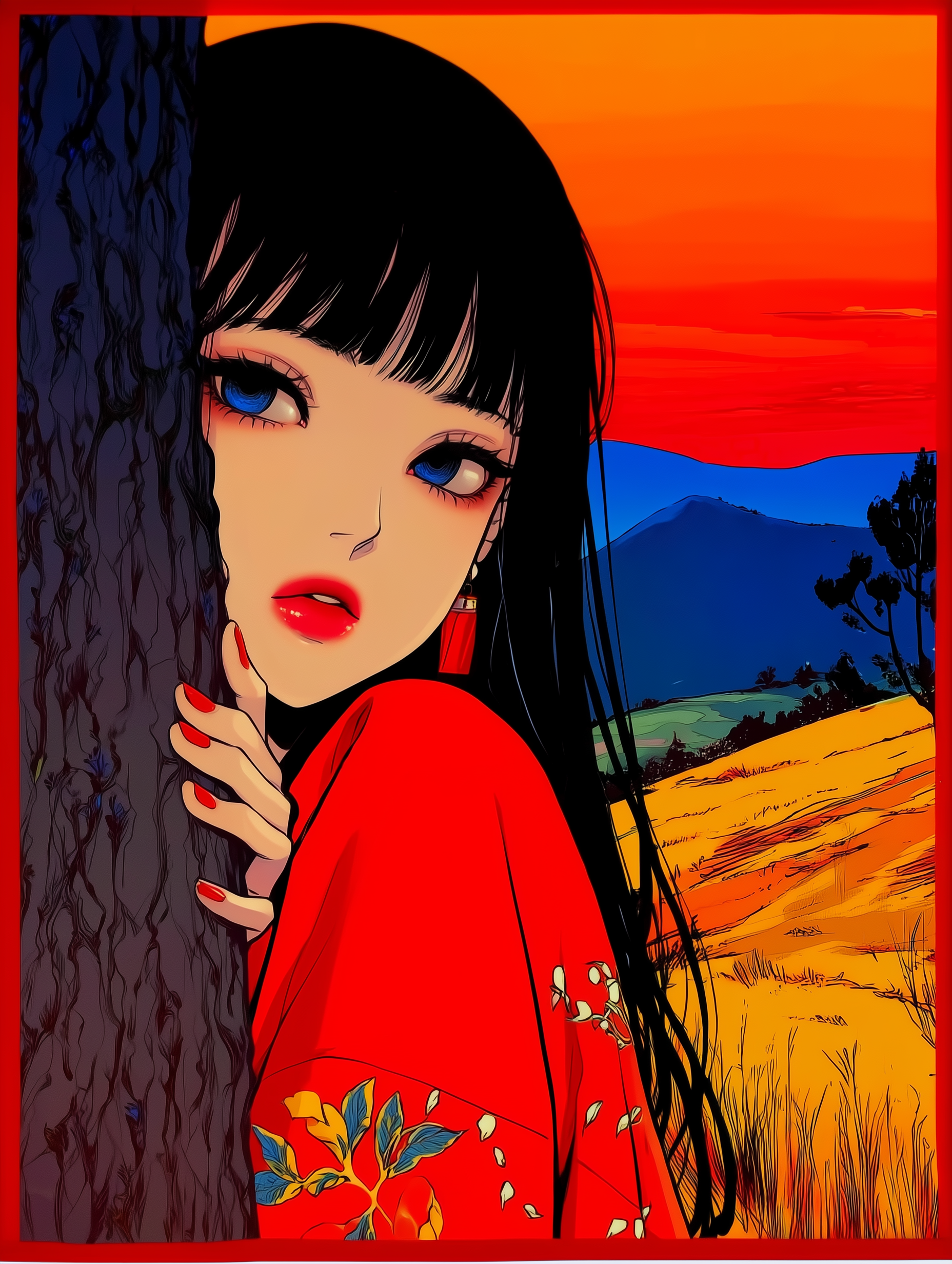 Dusk Portrait of a Woman Peeking from Behind a Tree output 1