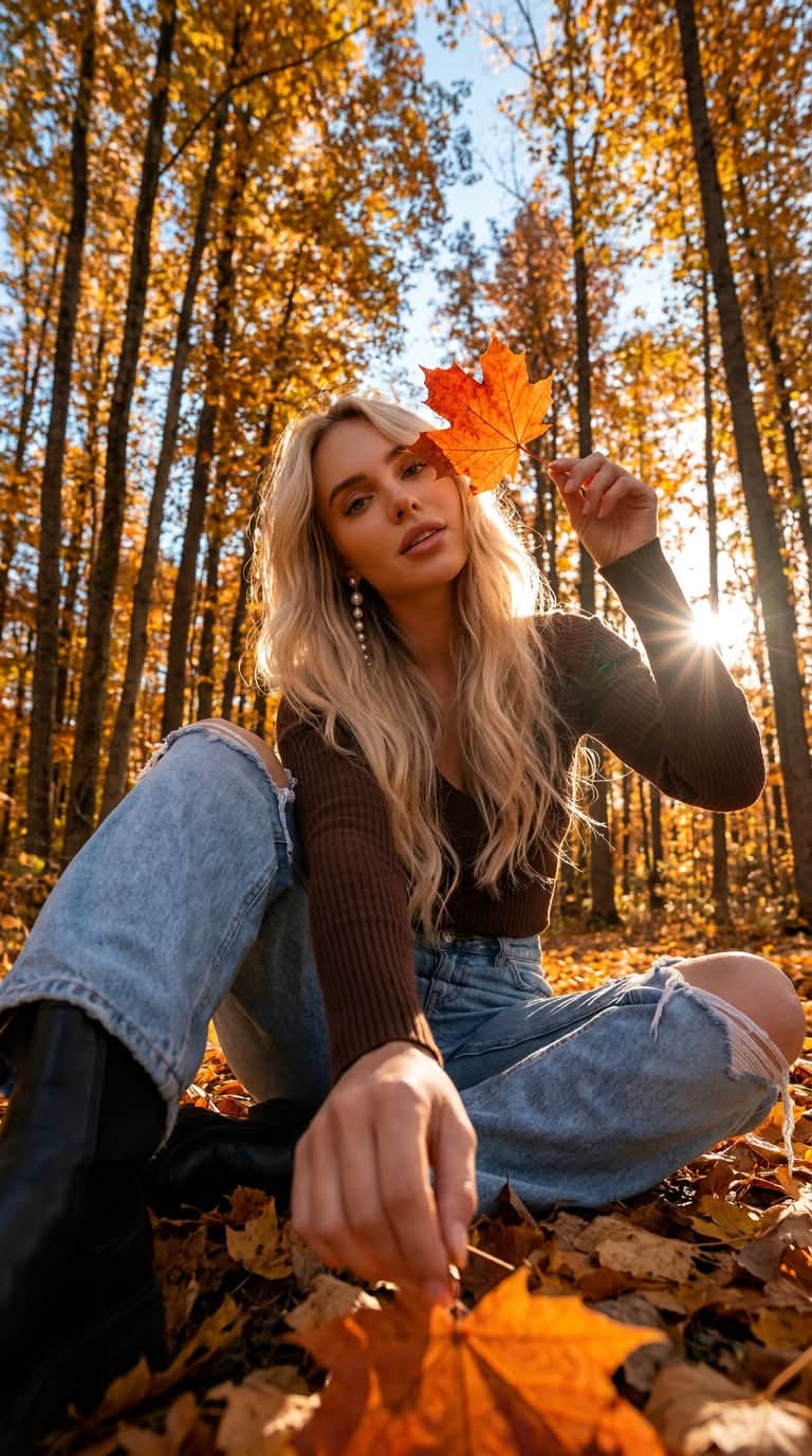Low-Angle Autumn Portrait Among Golden Leaves output 1