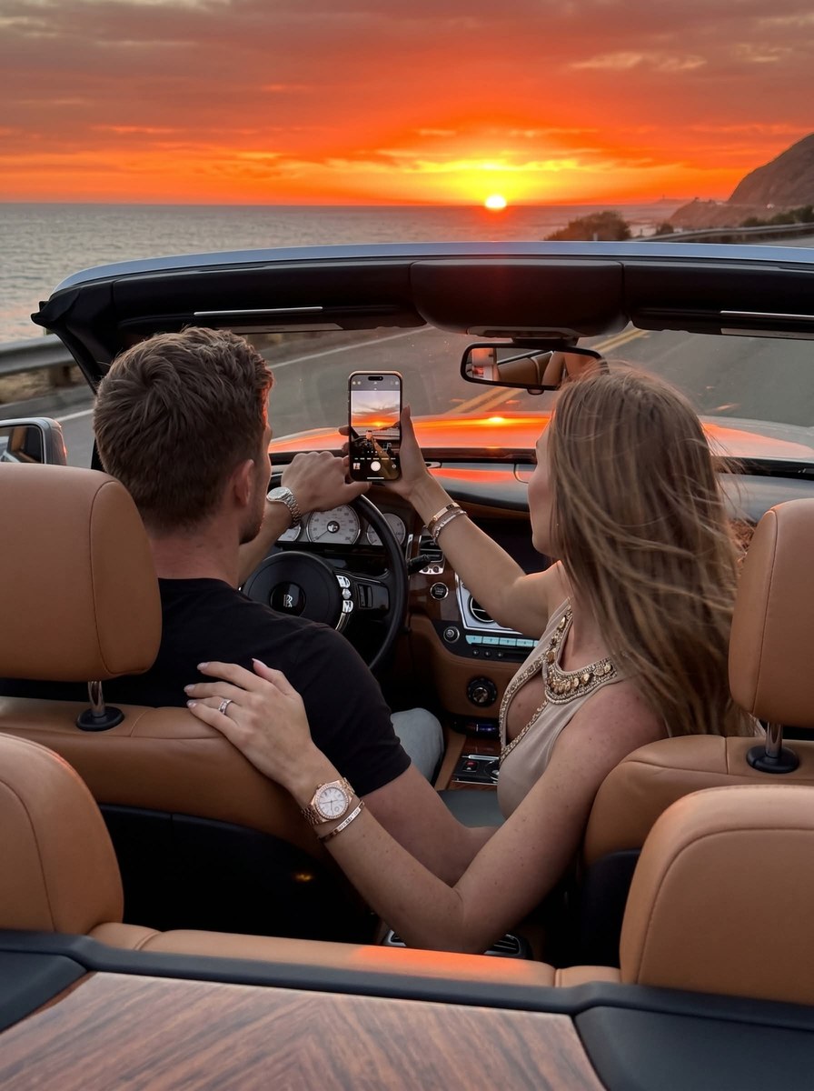 Candid Golden-Hour Photo in a Luxury Convertible