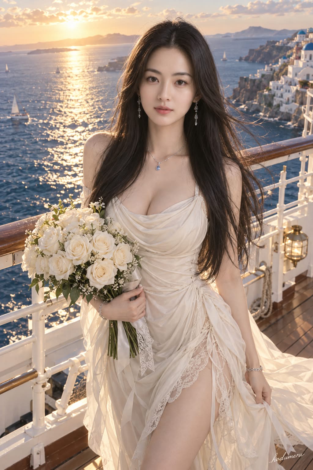 Cinematic Cream Dress Portrait on a Greek Island Cruise Ship