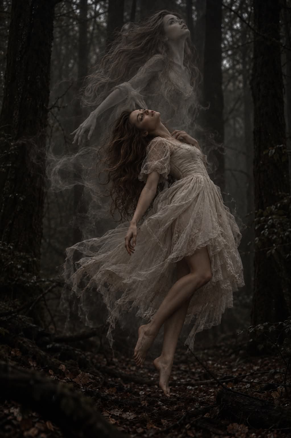 Woman Suspended in a Haunted Forest