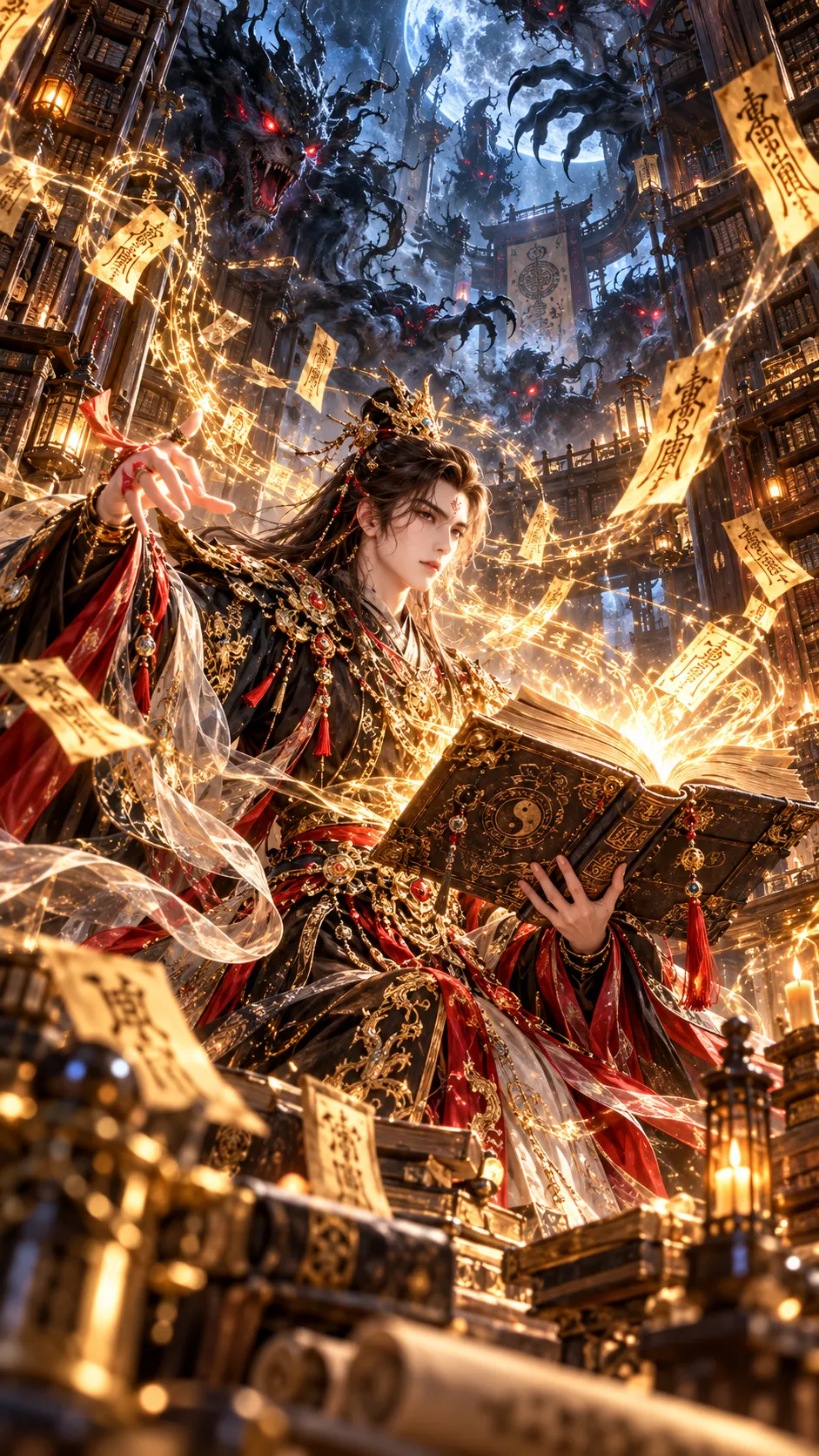 Dark Fantasy Sorcerer with a Glowing Spellbook