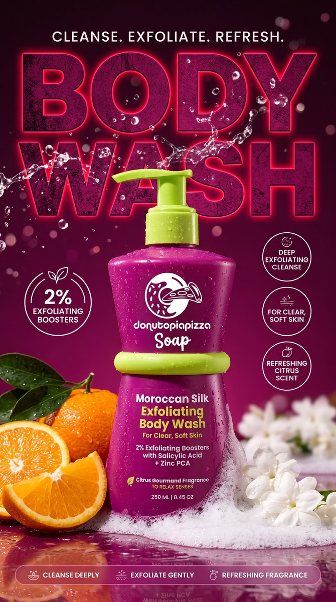 Magenta Donutopiapizza Body Wash Advertisement