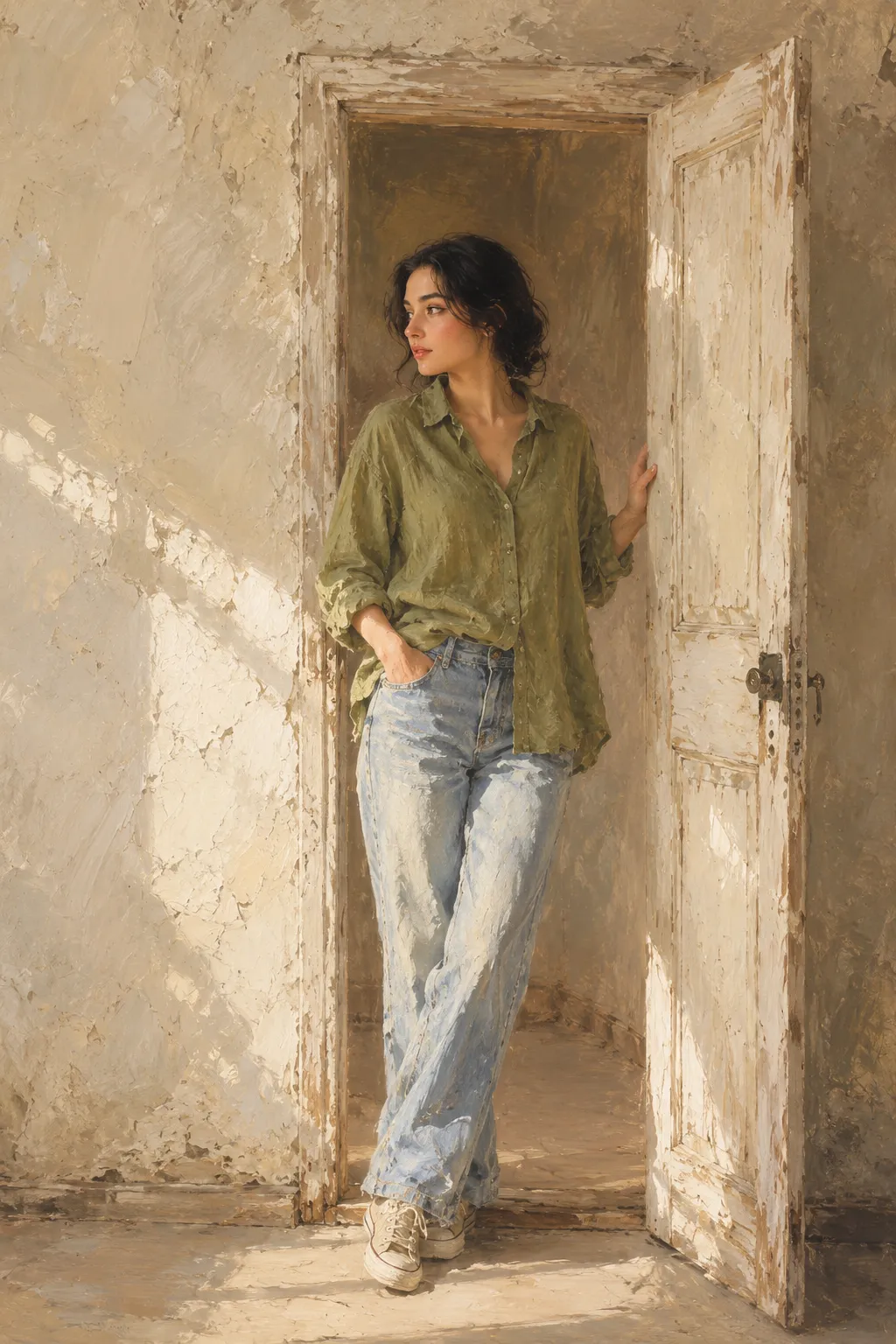 Dreamy Oil Painting of a Woman at an Open Door