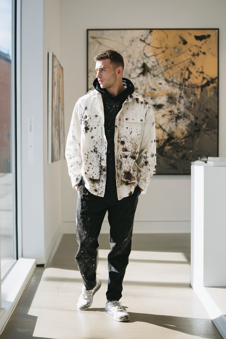 Male Model Contemplating Art in a Minimalist Gallery output 4