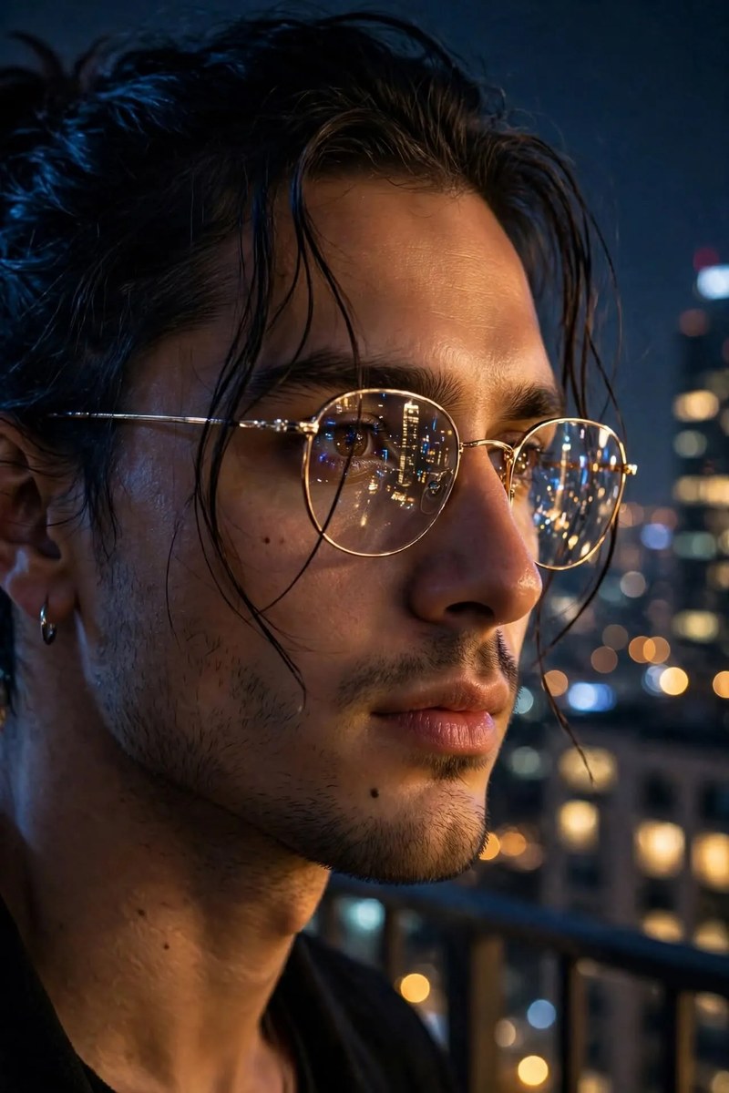 Cinematic Nighttime City Portrait with Golden Glasses output 2