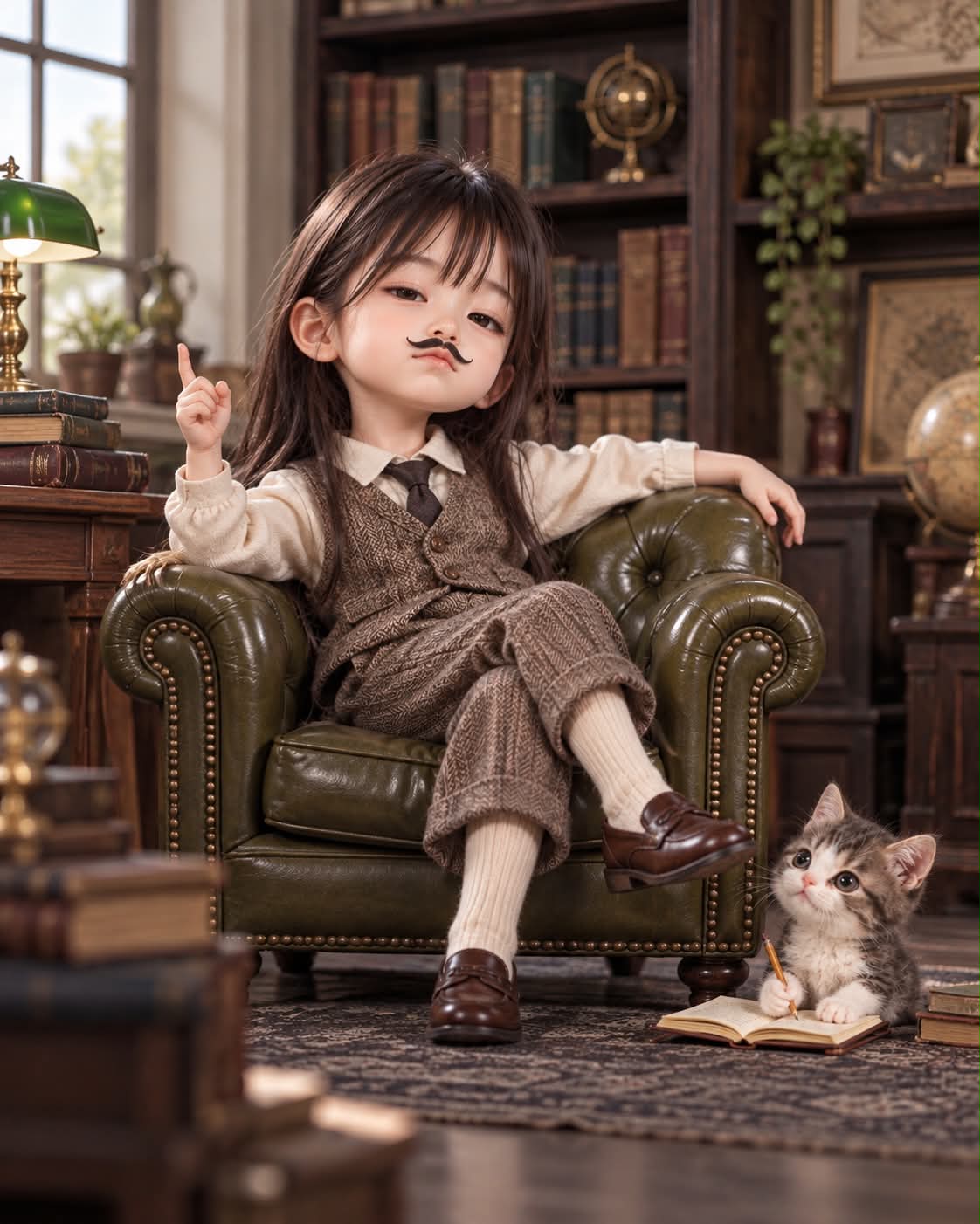 Smug Miniature Doll Lecturing a Baby Animal